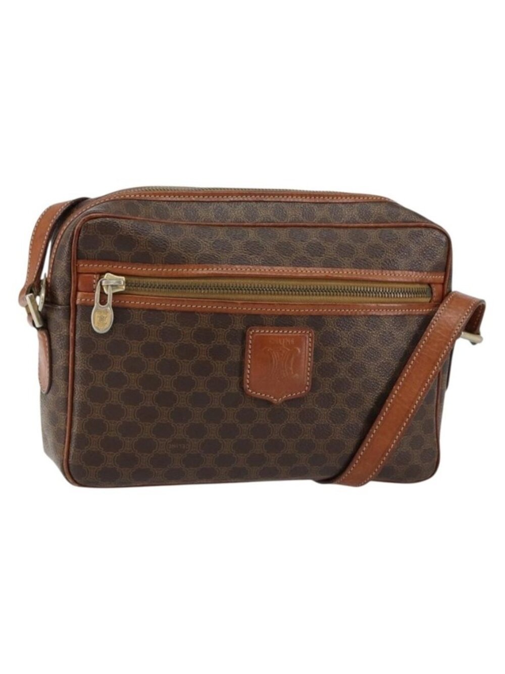 Authentic CELINE Macadam Canvas Shoulder Bag PVC Leather Brown Gold